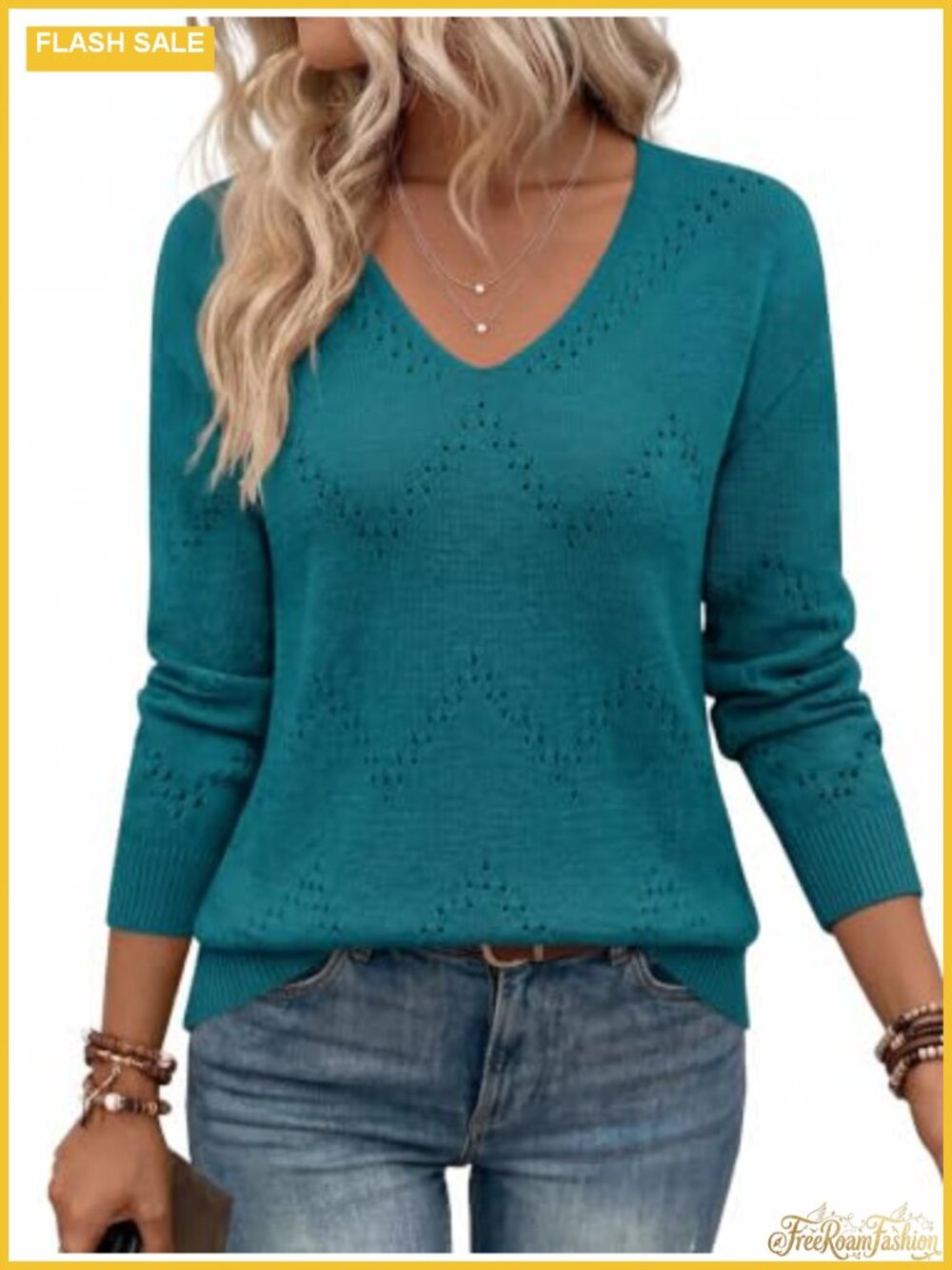 Womens Crochet Knit V Neck Off Shoulder Long Sleeve Pullover Sweater